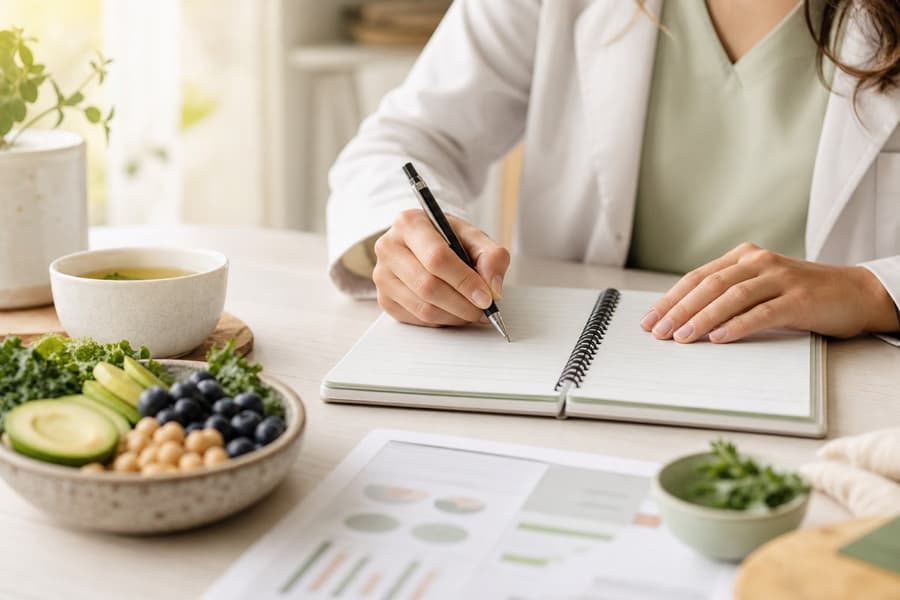 Diététicienne écrivant dans un carnet de suivi avec des aliments frais